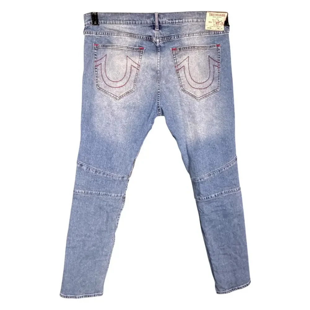 True Religion Rocco Moto Jeans Mens 38x33 Blue Denim Cotton Relaxed Skinny Fit